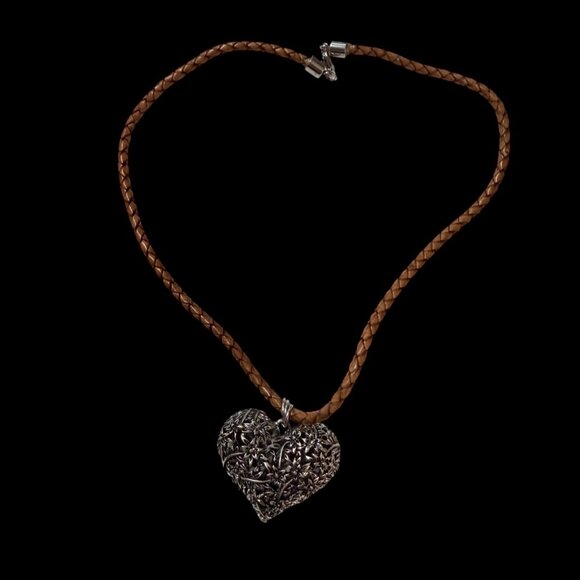 Braided Brown Leather Necklace With Silver-Tone Floral Heart Pendant - Picture 2 of 3